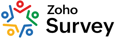 Zoho Survey logo with colorful interconnected human figures forming a star shape, accompanied by the brand name in black text, showcasing integrated survey tools.